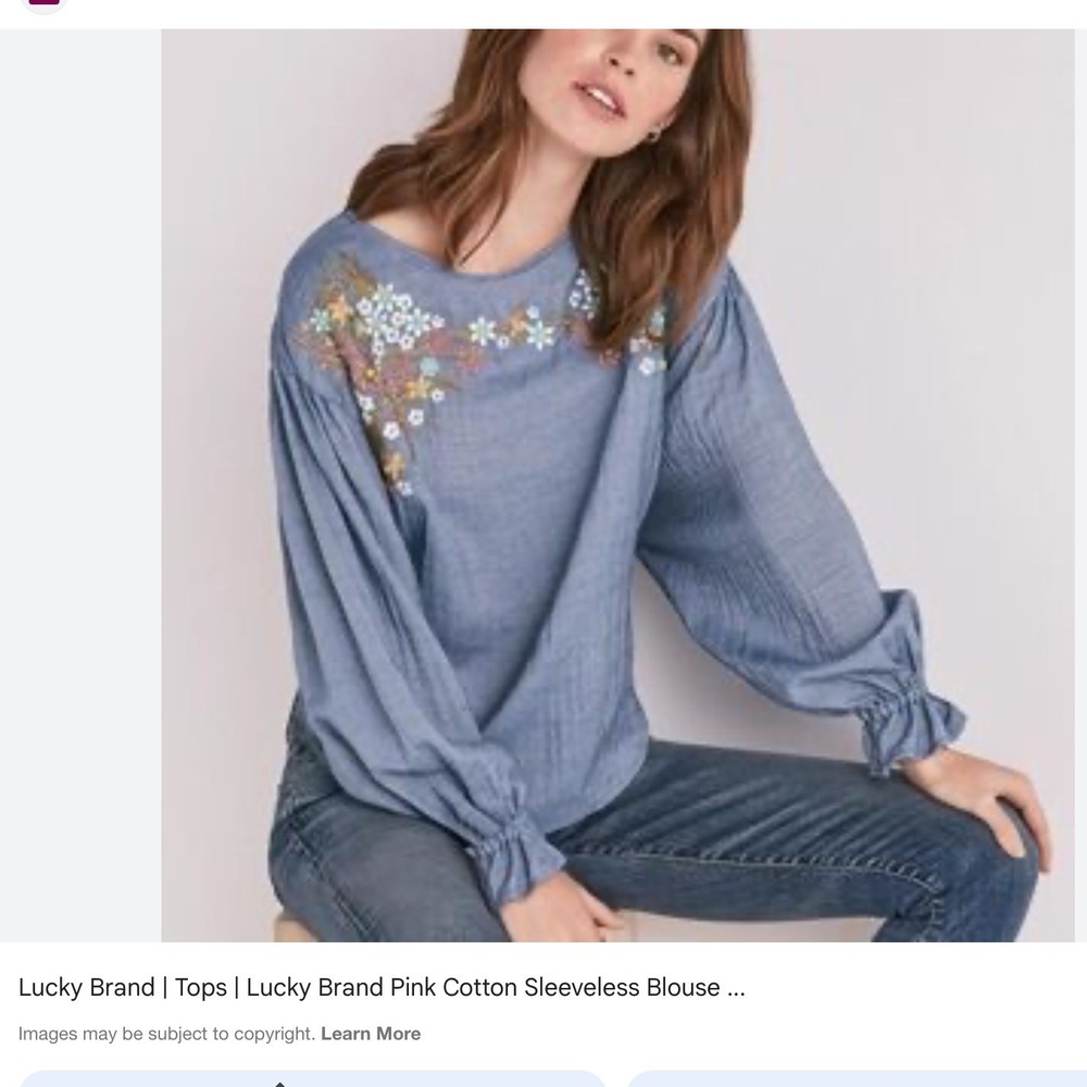 Lucky Brand Womens Chambray Embroidered Beaded Peasant Blouse Boho Top Western S